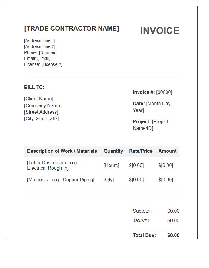Independent Trade Contractor Invoice Template