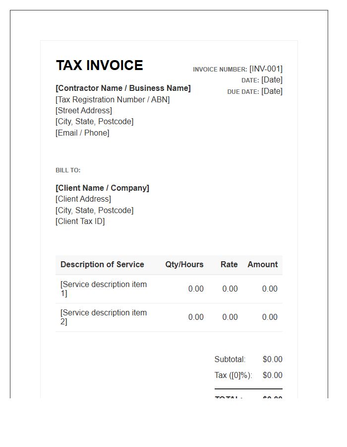 Official Contractor Tax Invoice Template