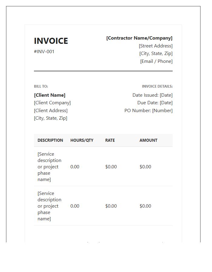 Professional Contractor Billing Invoice Template