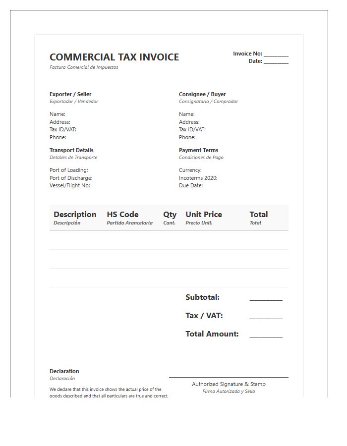 Bilingual International Commercial Tax Invoice Template