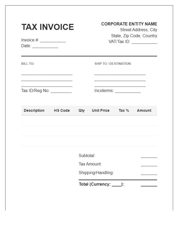 Corporate International Sales Tax Invoice Template