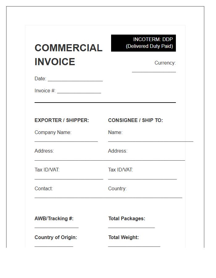 Duty Paid International Commercial Tax Invoice Template