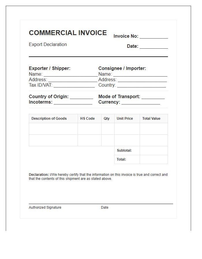 Export Declaration Commercial Tax Invoice Template