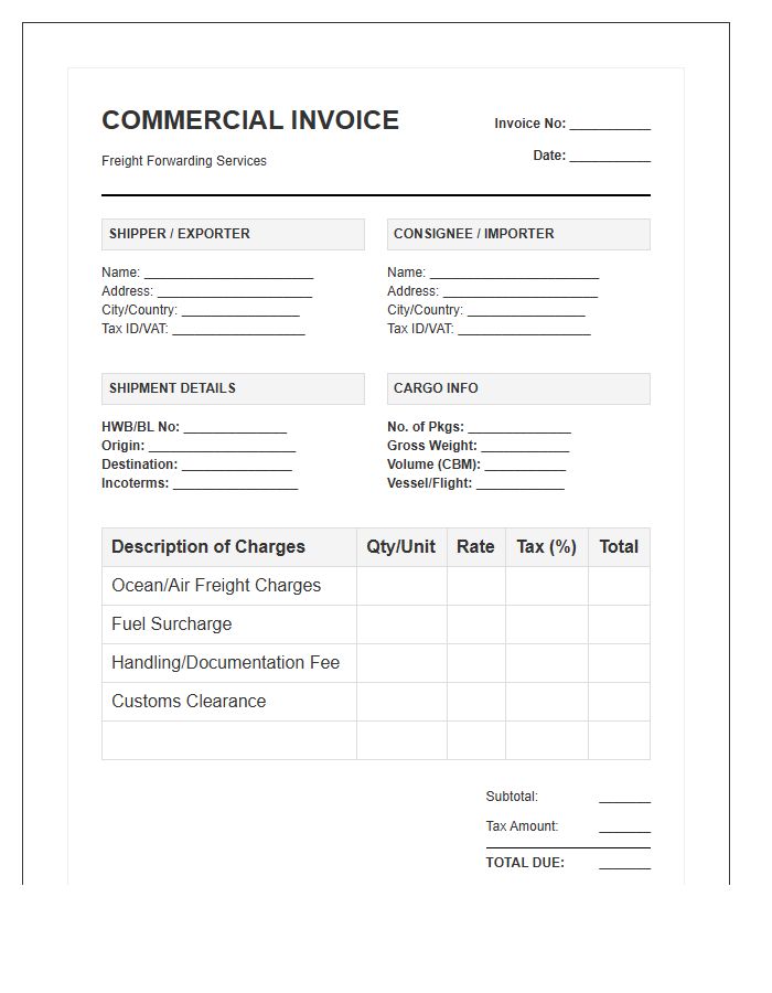 Freight Forwarder Commercial Tax Invoice Template