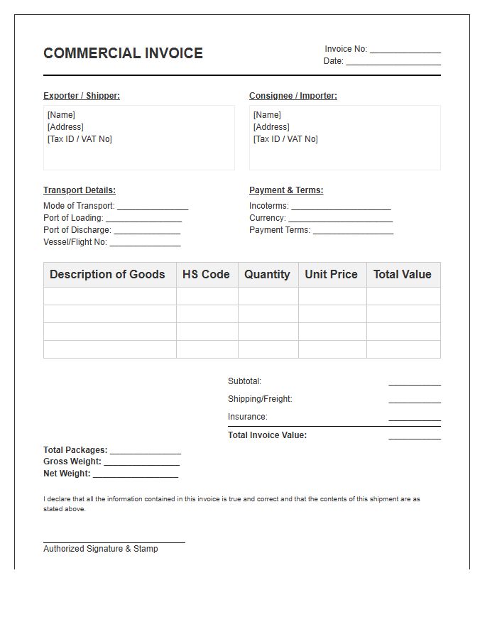 Global Export Commercial Tax Invoice Template