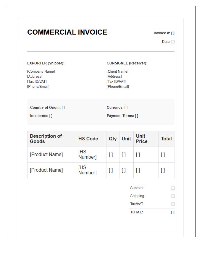 Harmonized System Code Commercial Tax Invoice Template
