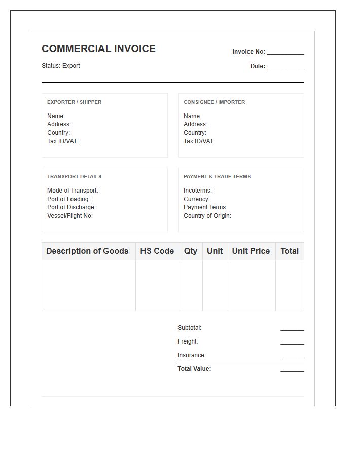 Import Export Commercial Tax Invoice Template