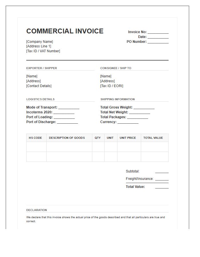 Logistics Focused Commercial Tax Invoice Template