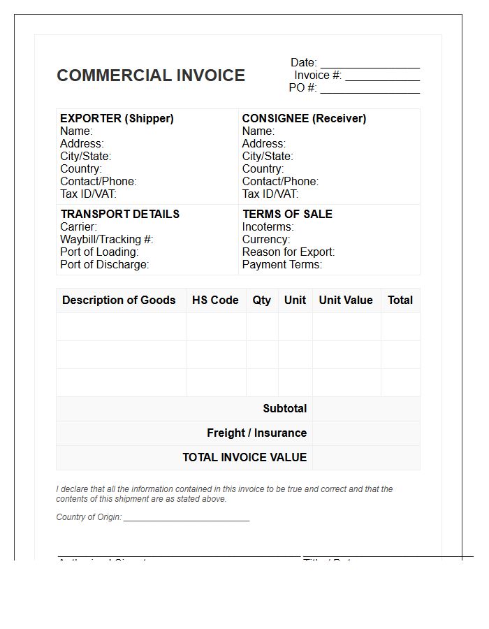 Official Customs Commercial Tax Invoice Template