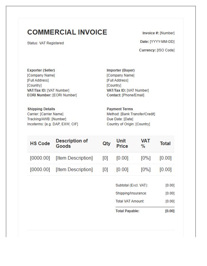 Vat Registered International Commercial Tax Invoice Template