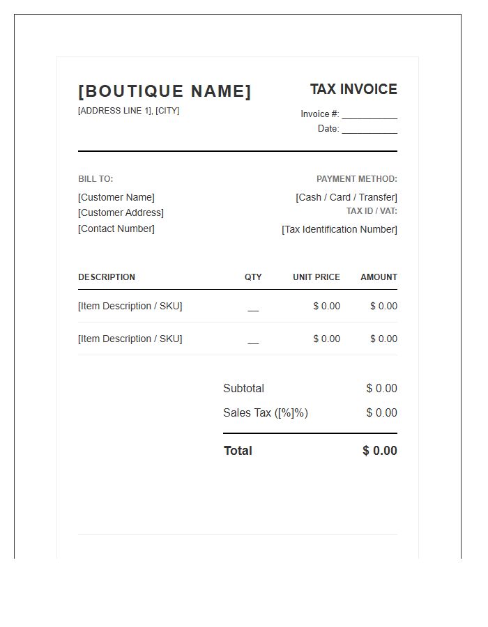 Boutique Retail Sales Tax Invoice Template
