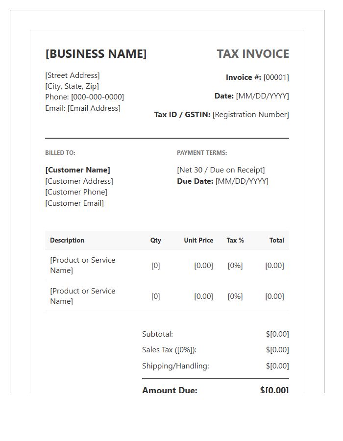 Detailed Retail Sales Tax Invoice Template