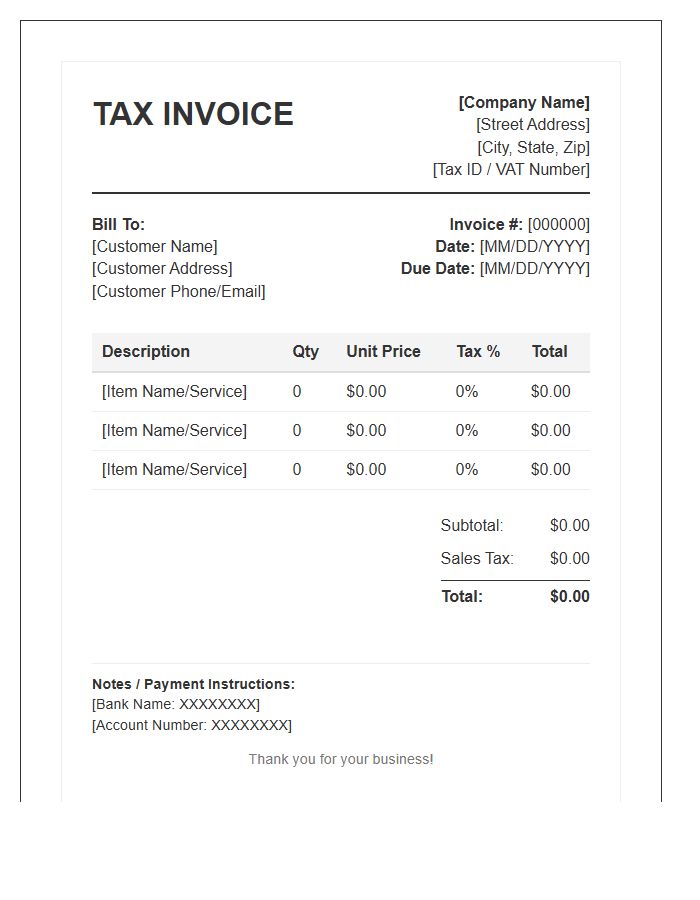 Itemized Retail Sales Tax Invoice Template