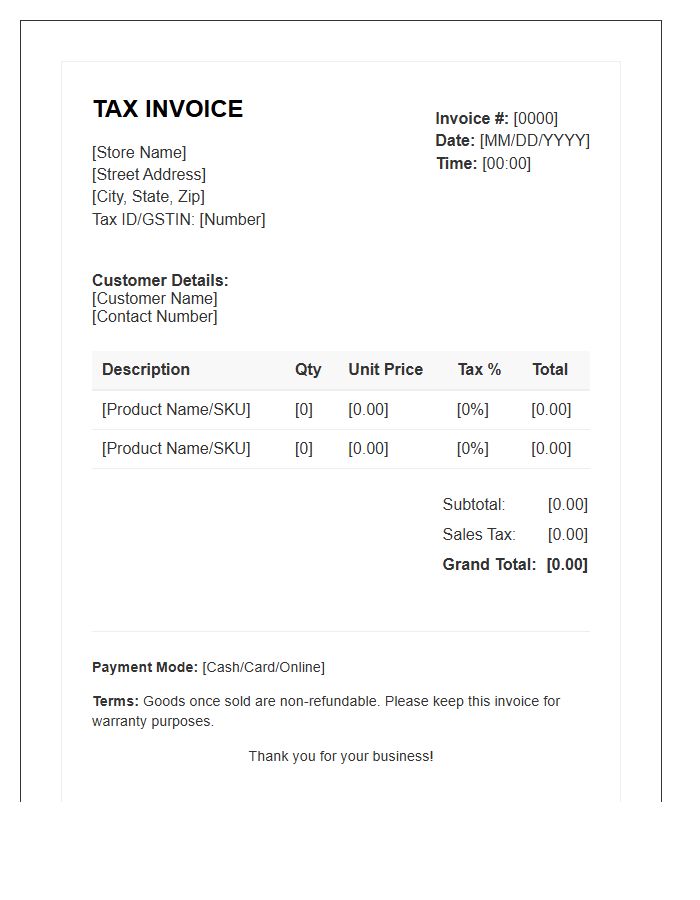 Retail Product Sales Tax Invoice Template