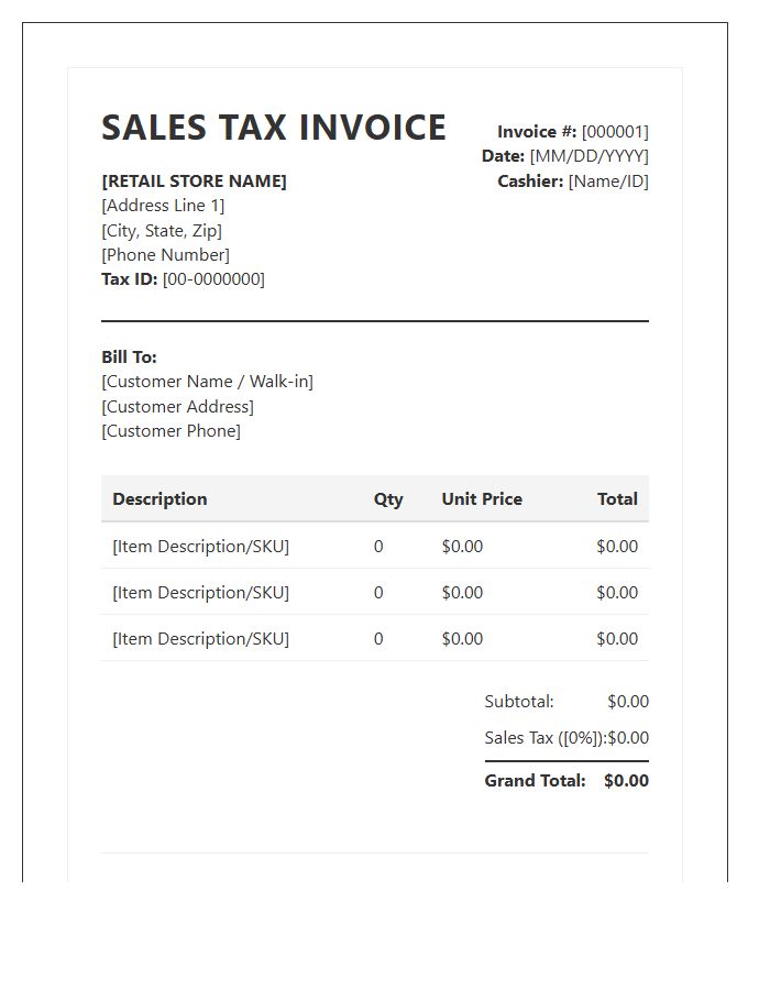 Retail Store Sales Tax Invoice Template
