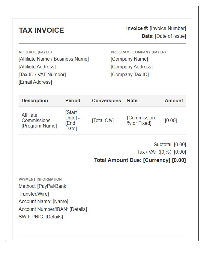 Affiliate Marketing Program Tax Invoice Template