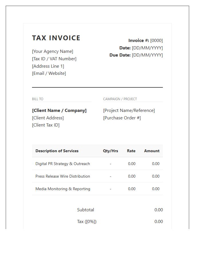 Digital Public Relations Tax Invoice Template