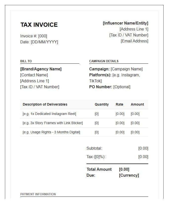 Influencer Marketing Campaign Tax Invoice Template