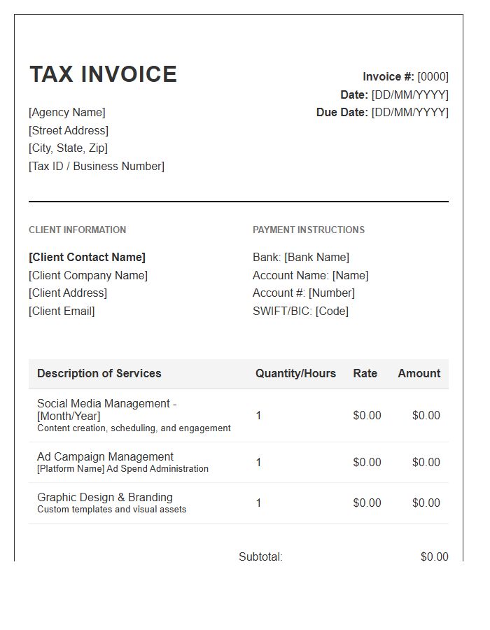 Social Media Management Agency Tax Invoice Template
