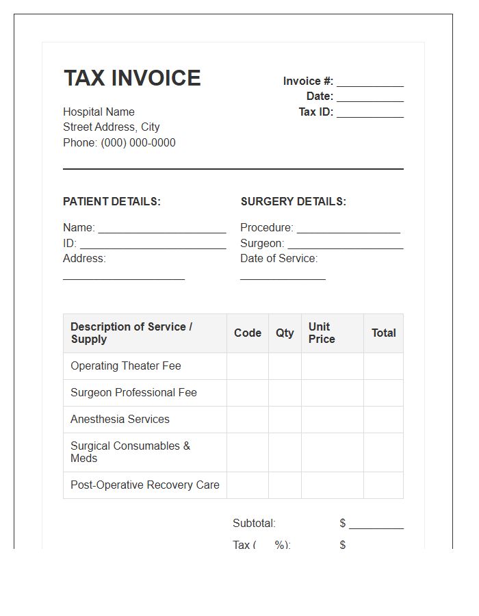 Hospital Surgical Service Tax Invoice Template