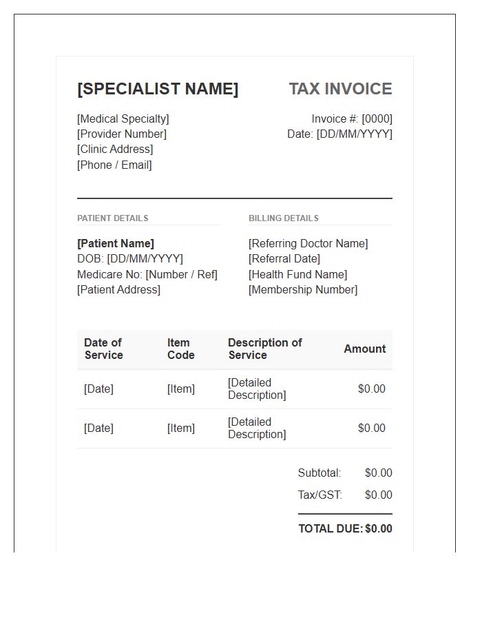 Medical Specialist Tax Invoice Template