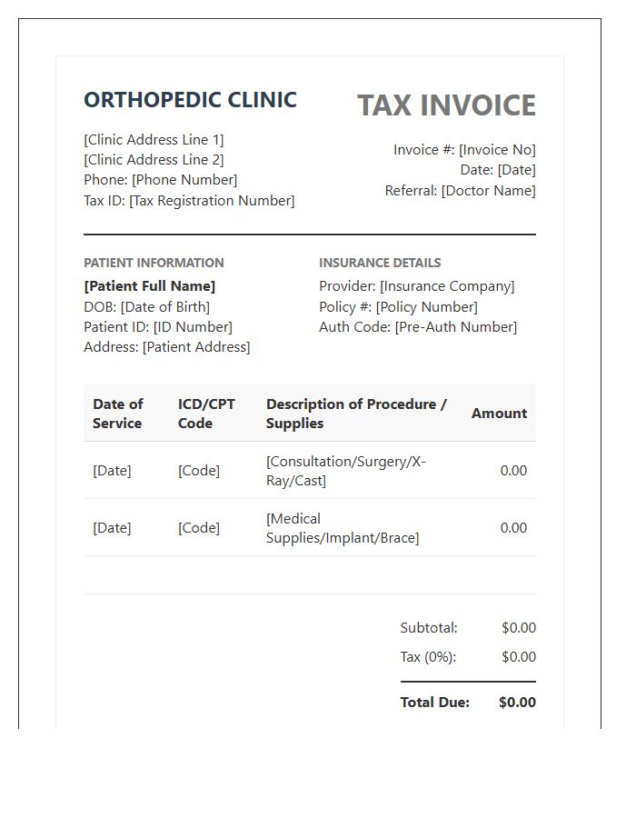 Orthopedic Medical Tax Invoice Template