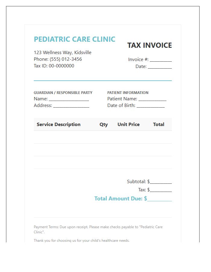 Pediatric Medical Clinic Tax Invoice Template