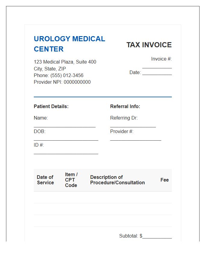 Urology Medical Practice Tax Invoice Template