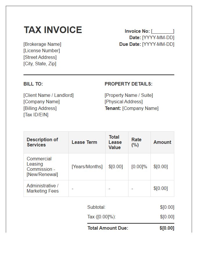 Commercial Leasing Brokerage Tax Invoice Template