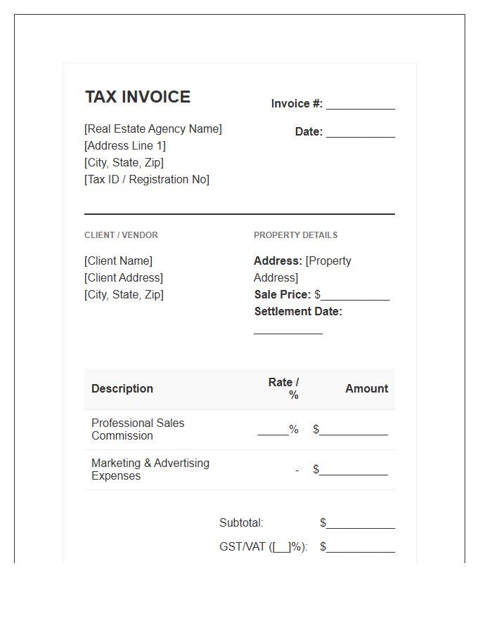 Real Estate Agency Commission Tax Invoice Template