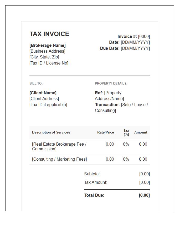 Real Estate Consultant Brokerage Tax Invoice Template