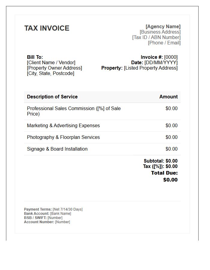 Real Estate Listing Agent Tax Invoice Template