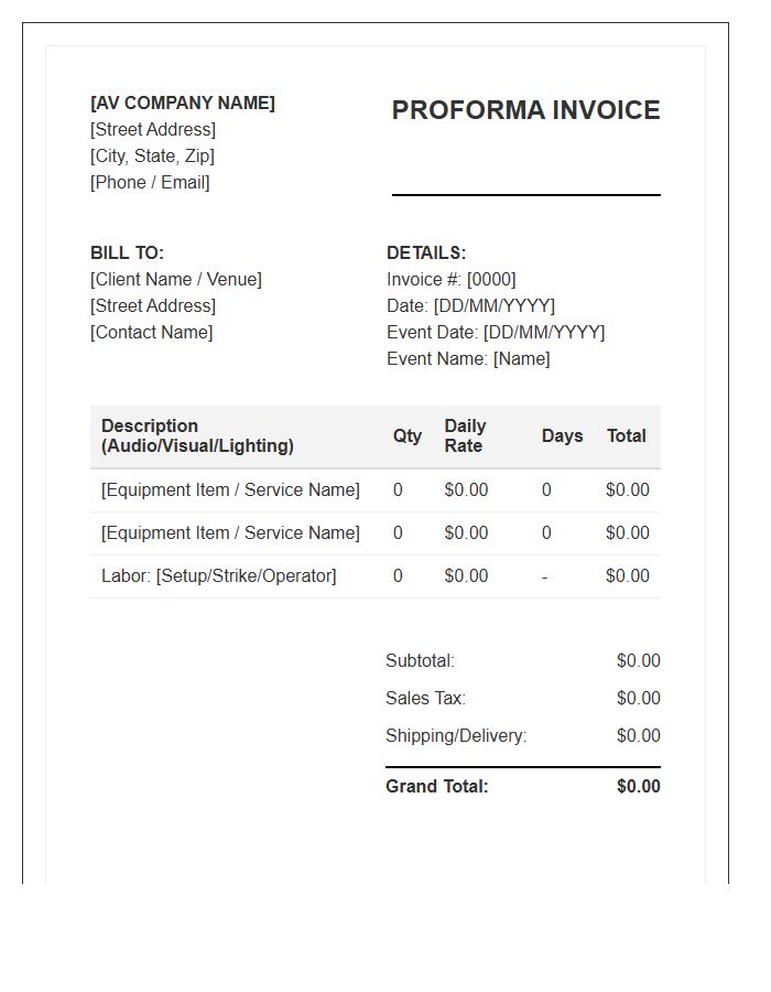 Audio Visual Equipment Proforma Invoice Template