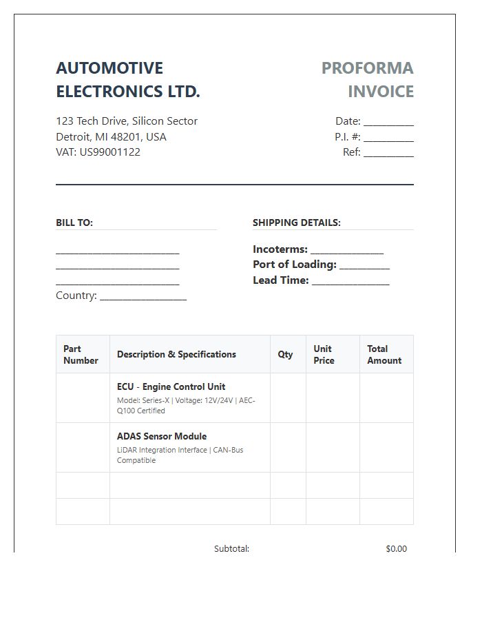 Automotive Electronics Supplier Proforma Invoice Template