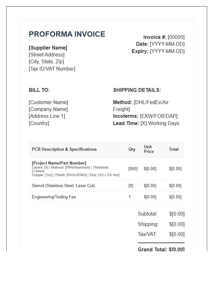 Circuit Board Supplier Proforma Invoice Template