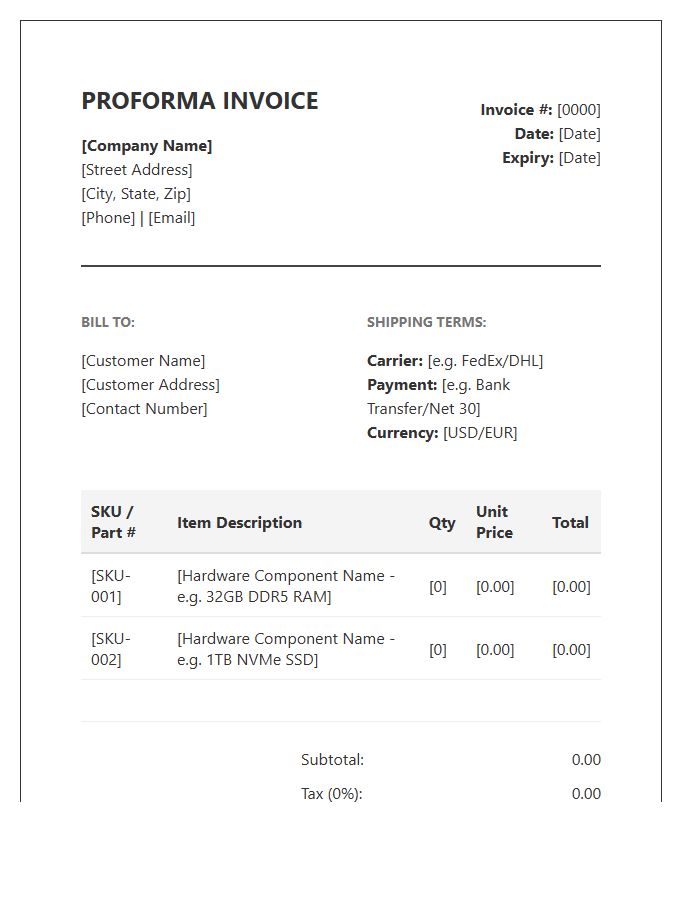 Computer Hardware Supplier Proforma Invoice Template