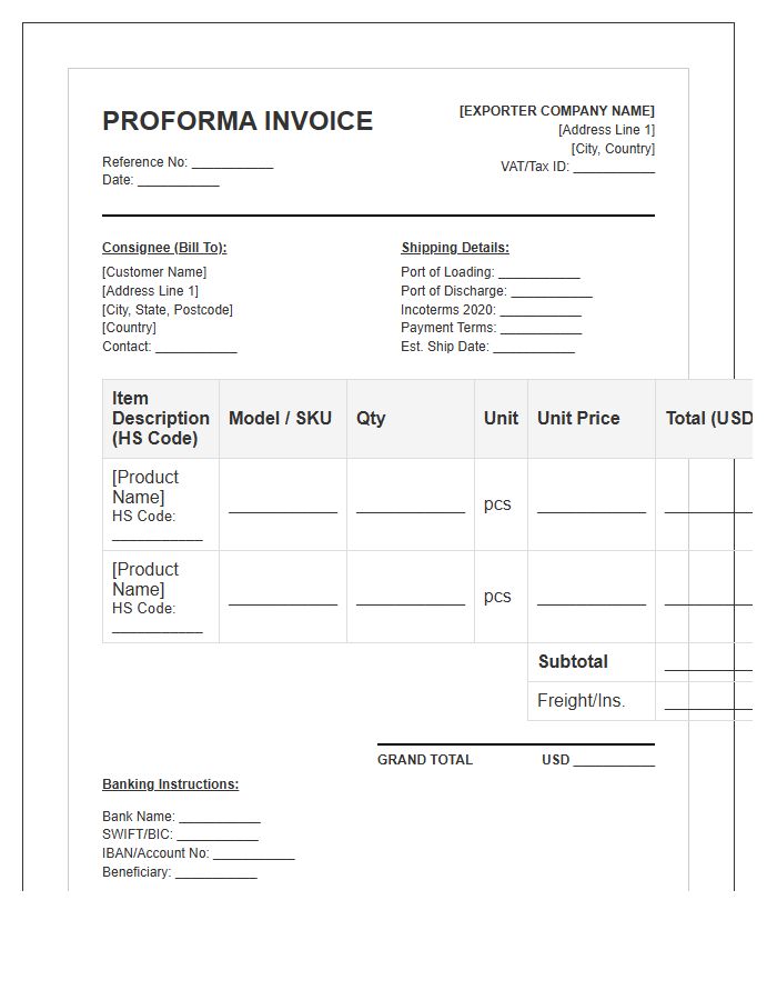 Consumer Electronics Export Proforma Invoice Template