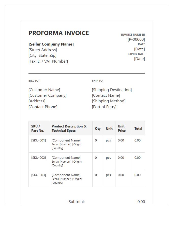 Detailed Electronics Inventory Proforma Invoice Template