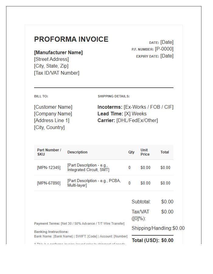 Electronic Parts Manufacturing Proforma Invoice Template
