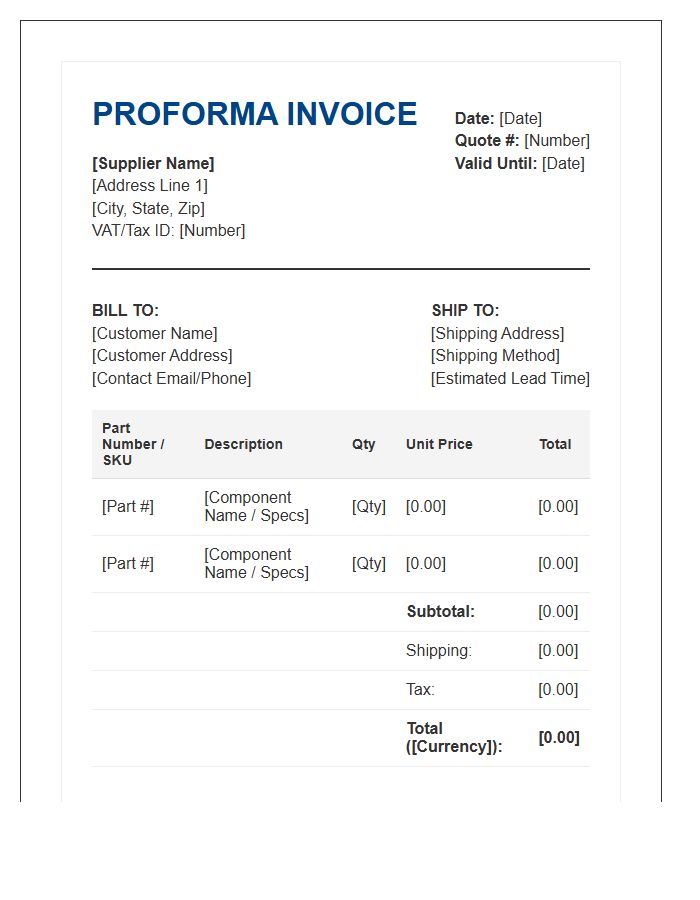 Electronics Component Supplier Proforma Invoice Template