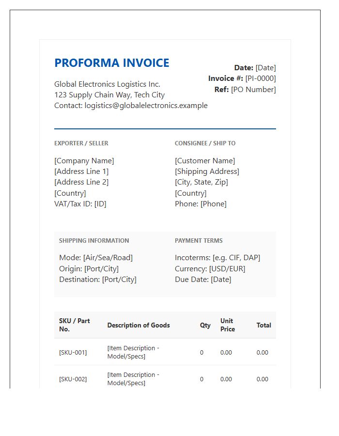 Global Electronics Logistics Proforma Invoice Template