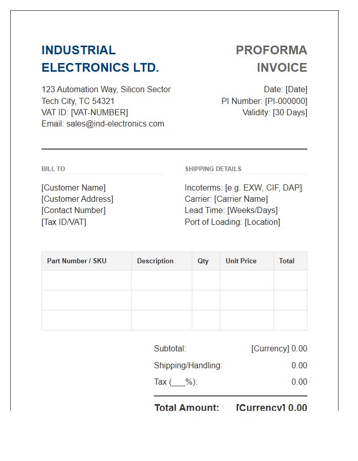 Industrial Electronics Supplier Proforma Invoice Template