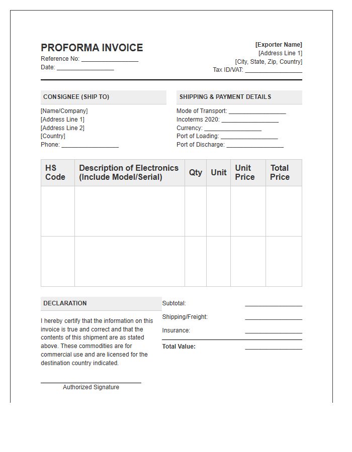 International Electronics Shipping Proforma Invoice Template