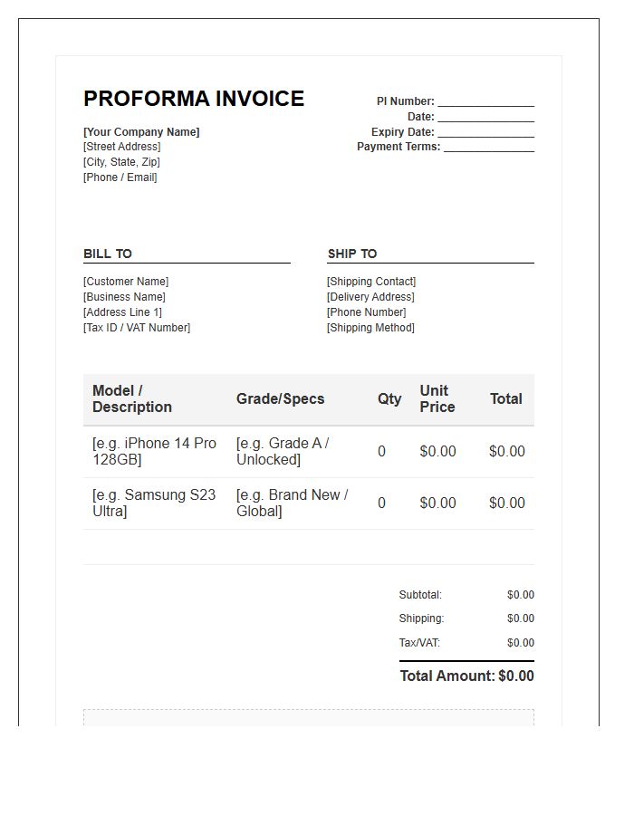 Mobile Device Wholesale Proforma Invoice Template
