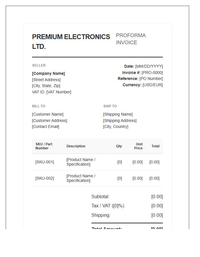 Premium Electronics Distributor Proforma Invoice Template