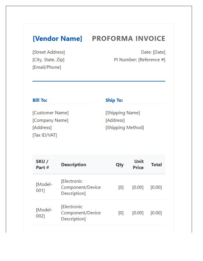 Professional Electronics Vendor Proforma Invoice Template
