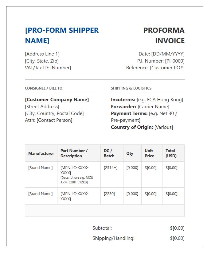 Semiconductor Distribution Proforma Invoice Template