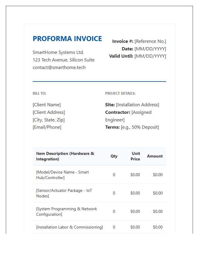 Smart Home Technology Proforma Invoice Template