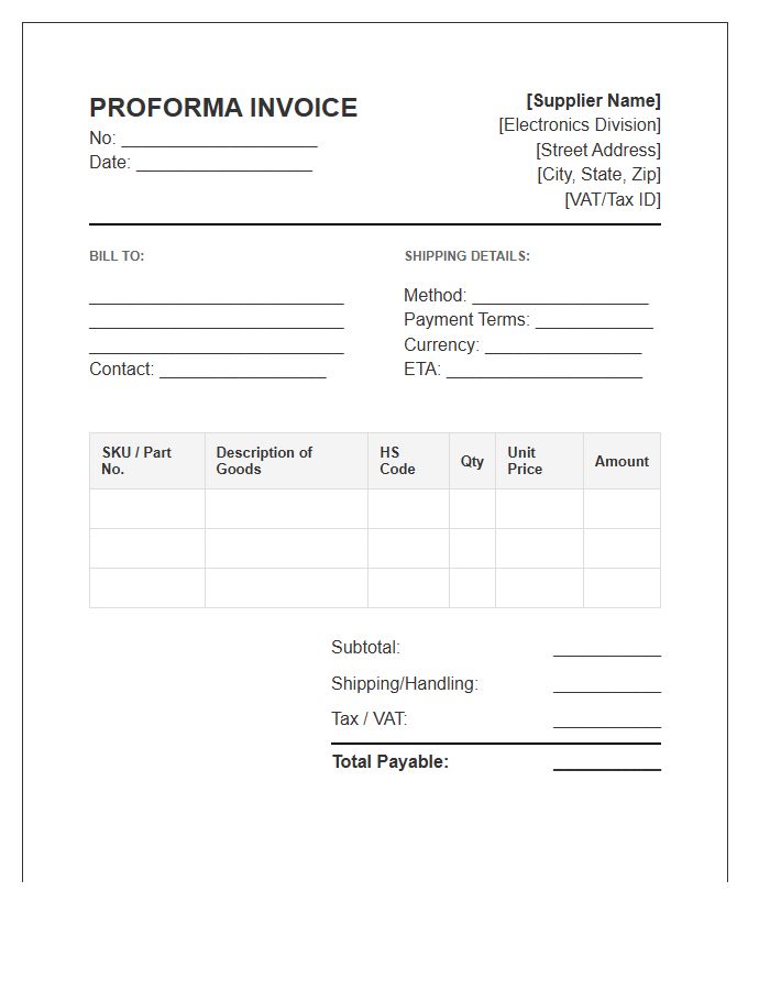 Supplier Billing Proforma Invoice Template For Electronics