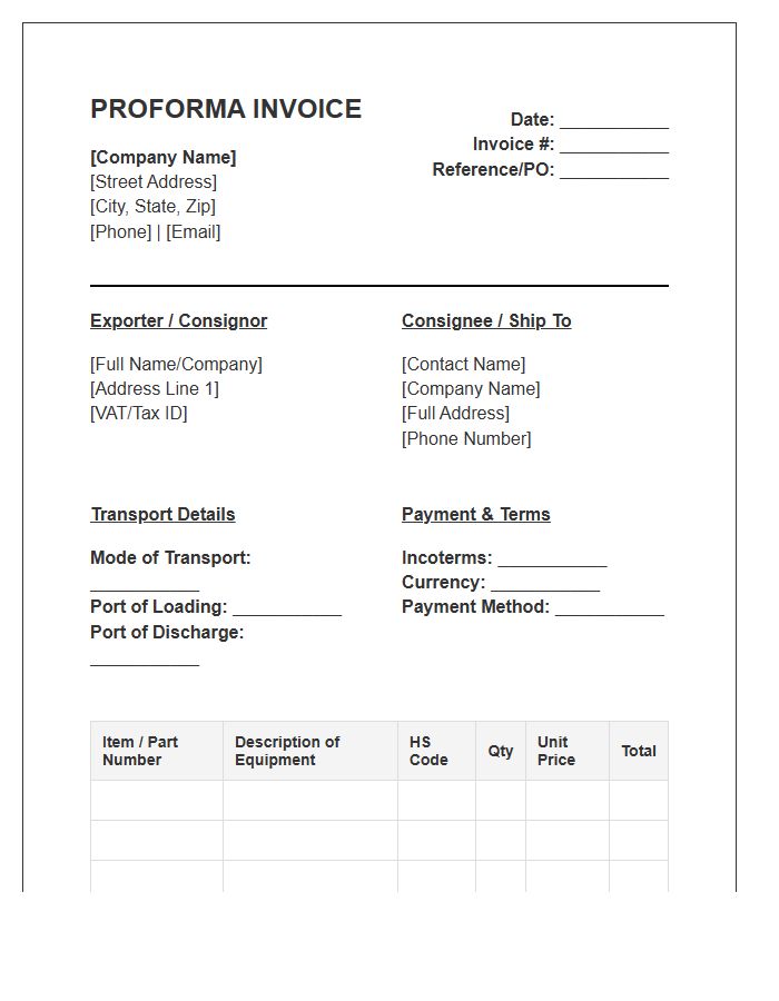 Telecommunications Equipment Proforma Invoice Template
